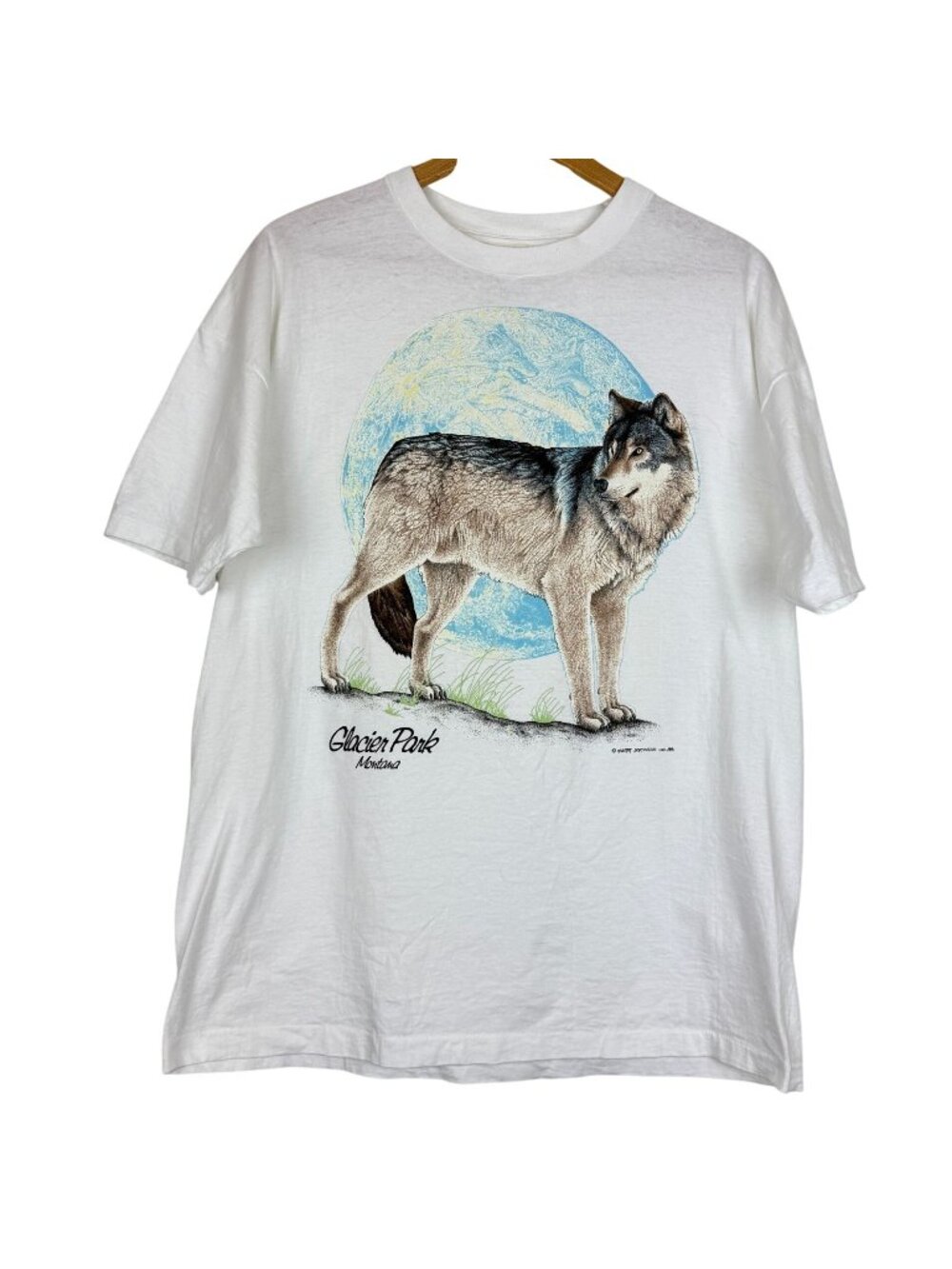 Vtg 80s Wolf Graphic Tee XL Glacier Park Montana Single Stitch Habitat White USA